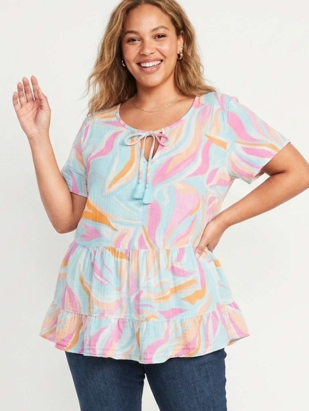 Terra & Sky Plus Size Tie-Neck Blouse - Light Blue, Peach & Yellow